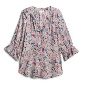 JohnPaulRichard Women’s Liana Ruffle Sleeve Split Neck Top, Floral Size Medium